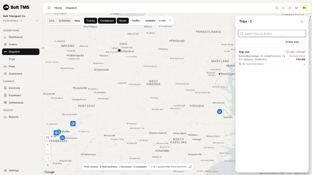 Live dispatch map — trucks, containers, and trips