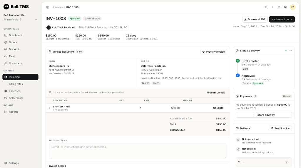 Invoice detail — status, payments, and delivery tracking