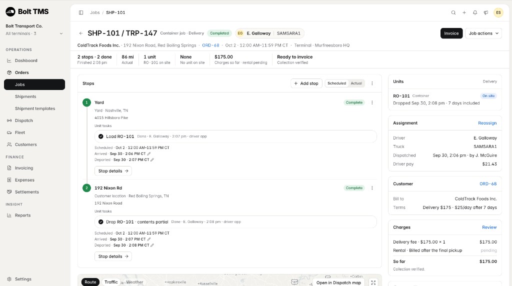 Job detail — stops, units, assignment, and charges on one record